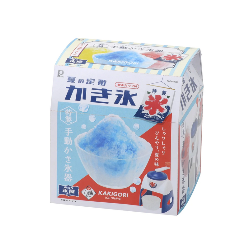 Pearl Life Kakigori manual ice shaver retail box with retro Japanese festival design showing blue shaved ice and the traditional ice flag emblem
