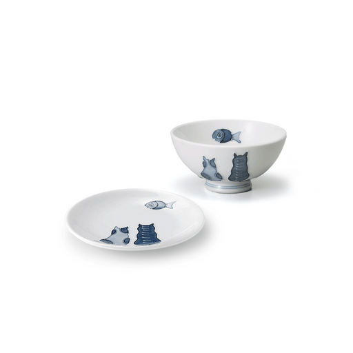 Mino Yaki Neko Maru Cat Bowl and Plate Set