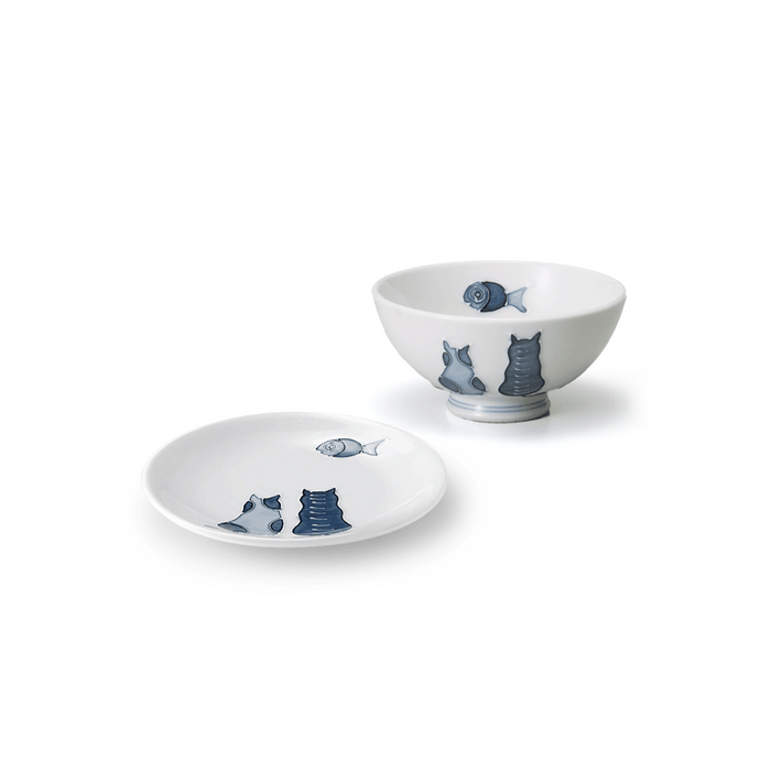 Mino Yaki Neko Maru Cat Bowl and Plate Set