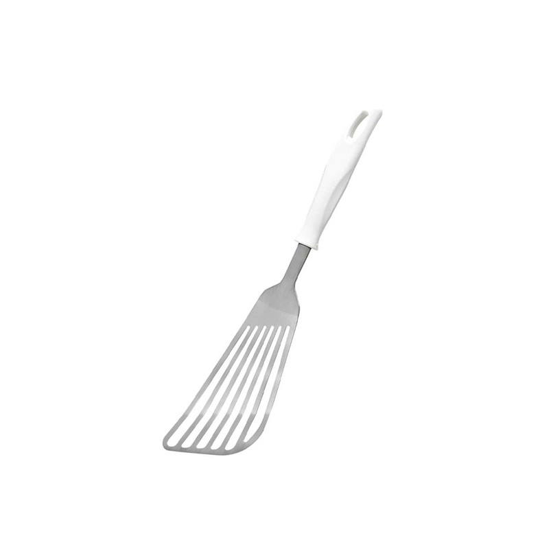 A product image of the Kai House Select Stainless Steel Batter Beater and Spatula, showing its unique slotted blade and white handle.

