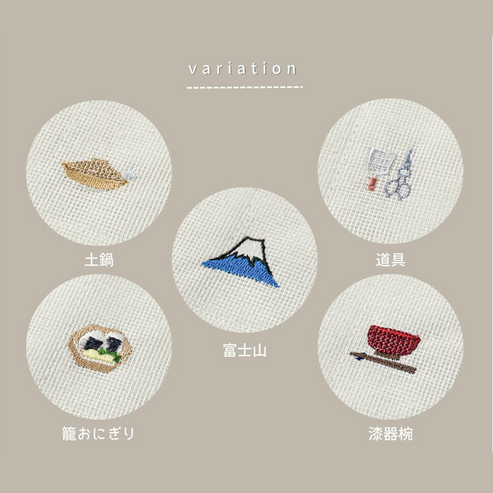 Graphic design of the Kayanuno embroidered cloth variations featuring icons such as a woven basket, Mount Fuji, and a cooking pot, presented on a neutral background for clear visibility.