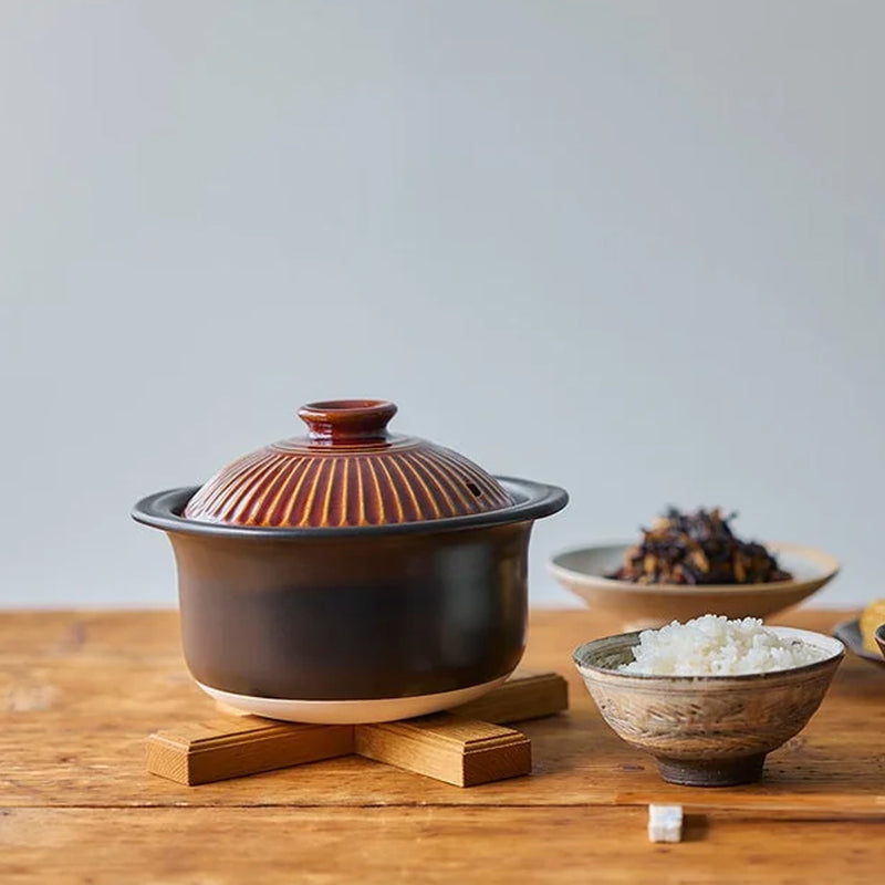 Ginpo Kikka Donabe Rice Pot with Double Lids - 2 Cups - Brown