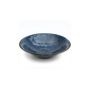 A top-down view of the Mino Yaki Kobaruto Wide Bowl, showing its shallow shape, deep swirling cobalt blue glaze, and dark rim.