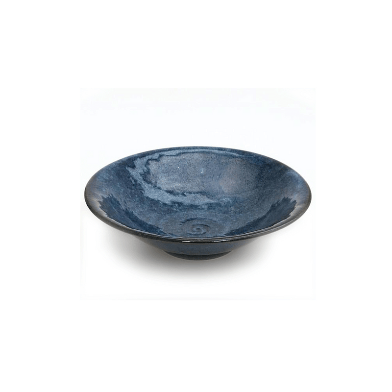 A top-down view of the Mino Yaki Kobaruto Wide Bowl, showing its shallow shape, deep swirling cobalt blue glaze, and dark rim.