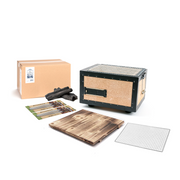 All the components of the Kinka Okunoto Konro Grill Starter Set, including the 31cm grill, wooden base, grill mesh, Tosa Binchotan charcoal, and skewers.