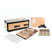 A complete Kinka Okunoto Konro Grill Starter Set, showing the large 54cm diatomite grill on its wooden base, a bag of Tosa Binchotan charcoal, grill meshes, and stainless steel skewers.

