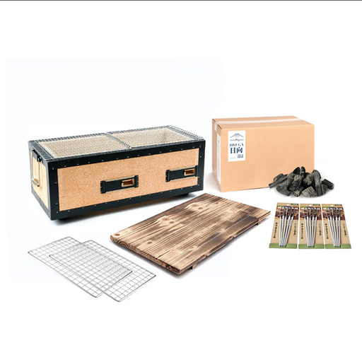 A complete Kinka Okunoto Konro Grill Starter Set, showing the large 54cm diatomite grill on its wooden base, a bag of Tosa Binchotan charcoal, grill meshes, and stainless steel skewers.