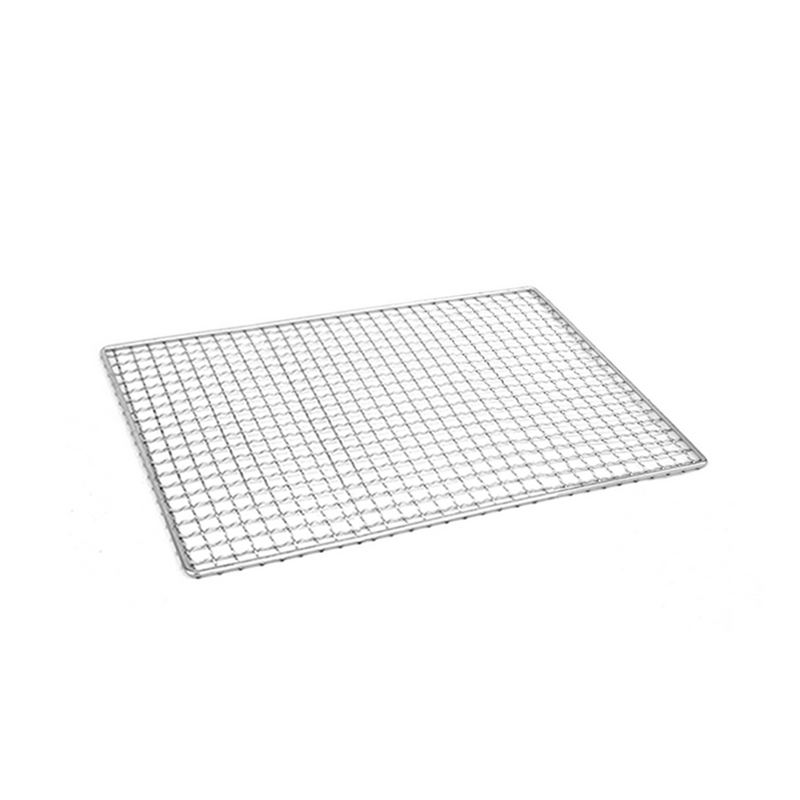 A product image of the 38cm x 22cm reusable stainless steel konro grill mesh, showing its durable woven wire construction on a white background.

