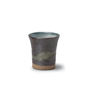 The Mino Yaki Kuroginsai Kumo Teacup, showing its dark rustic earthenware body, a greenish-grey 'Kumo' cloud band, and a light interior.