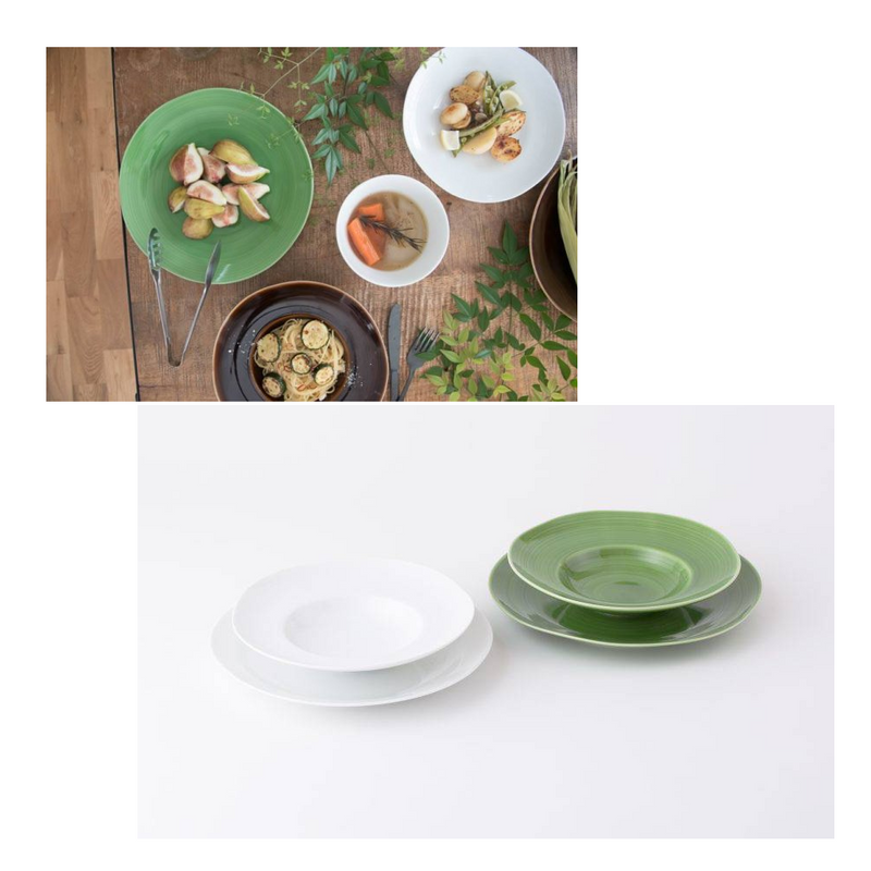 A lifestyle image collage showing the Kushime plate series in various colours with food, and a product shot of the white and green plates stacked.

