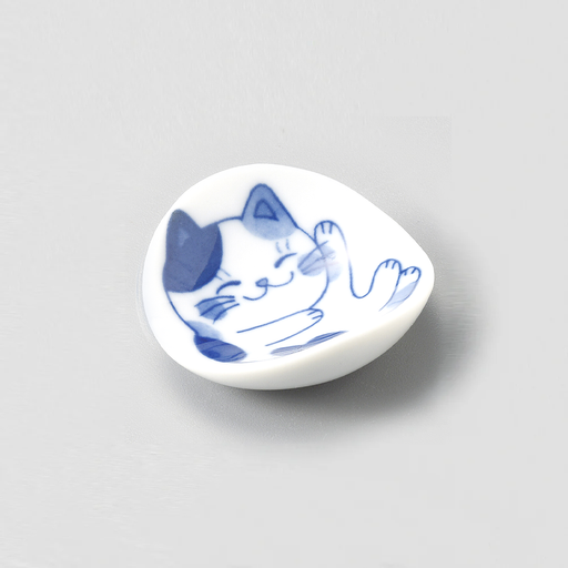 Kyattsu Neko Chigura Mike Japanese Chopstick Rest featuring a playful cat design in blue and white porcelain, made in Japan.