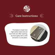 An infographic with care instructions for the Kyoto Katsugu peeler, advising that the high-carbon steel blade must be dried thoroughly after washing to prevent rust. 