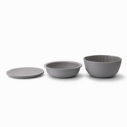 The large bowl, small colander, and one flat plate from the Like-it set arranged in a row to show their relative sizes.