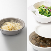 A collage of three images showing the Like-it set being used to chill noodles with ice, serve a fresh salad, and soak clams.