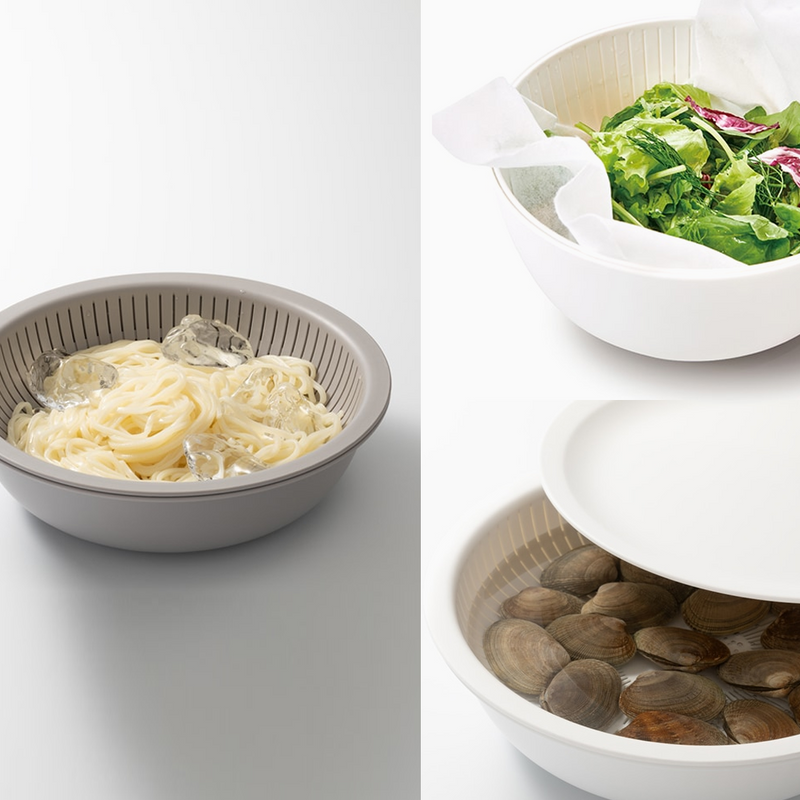 A collage of three images showing the Like-it set being used to chill noodles with ice, serve a fresh salad, and soak clams.