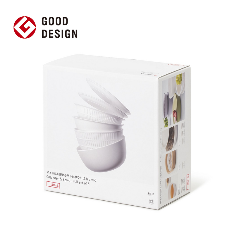 The white retail box for the Like-it 6-piece colander and bowl set, showing the Good Design Award logo.