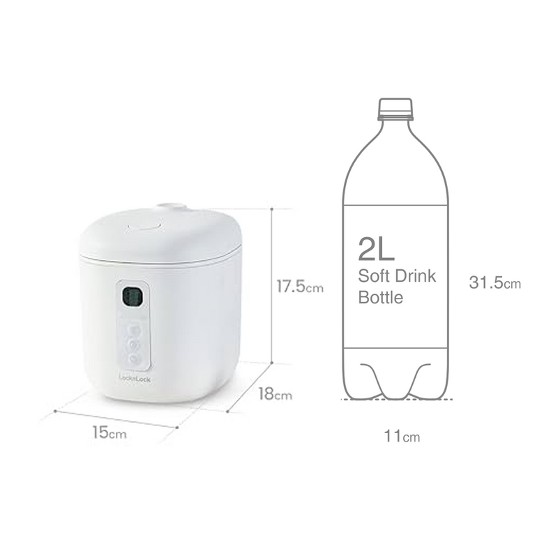 Comparison image showing the LocknLock Macaron Mini 1 Cup Rice Cooker next to a 2L soft drink bottle to highlight its compact size, with dimensions 17.5cm x 18cm x 15cm.