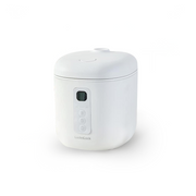 LocknLock Macaron Mini 1-cup Rice Cooker in a minimalist white finish, shown on a clean white background highlighting its compact size and simple control panel.
