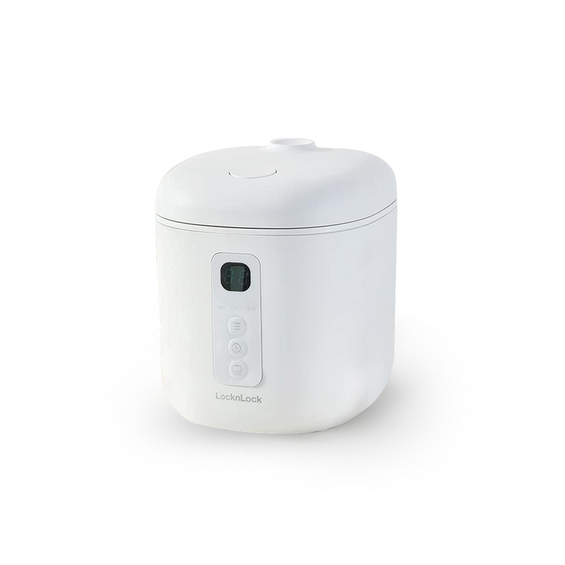 LocknLock Macaron Mini 1-cup Rice Cooker in a minimalist white finish, shown on a clean white background highlighting its compact size and simple control panel.
