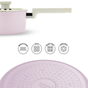 Angled top view of pink Meister Edge IH saucepan without lid.

