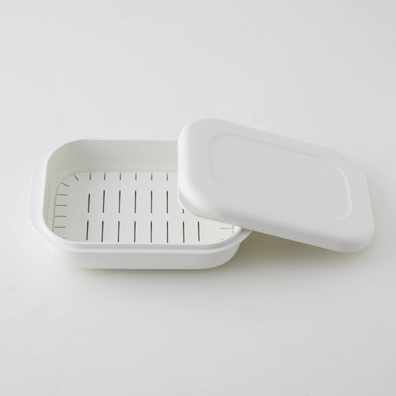 A single white Marna Kiwami Freeze & Microwave Rice Container with its lid propped open on a white background.
