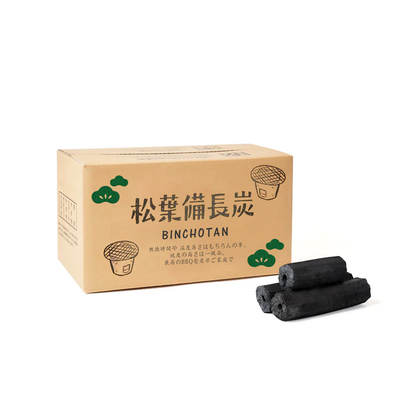 A product image of the Matsuba Binchotan 3KG box with several pieces of the compressed pine charcoal displayed in front.

