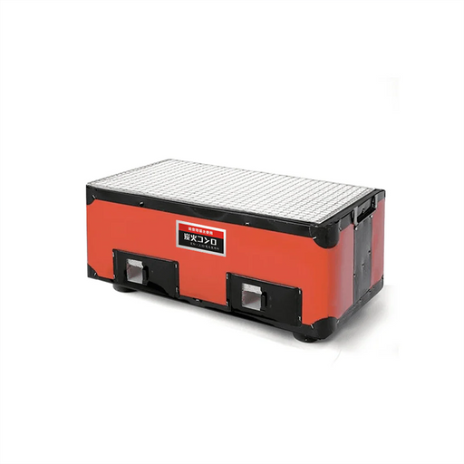 A product image of the medium-sized Mikawa konro grill (38cm) with a vibrant red steel body.