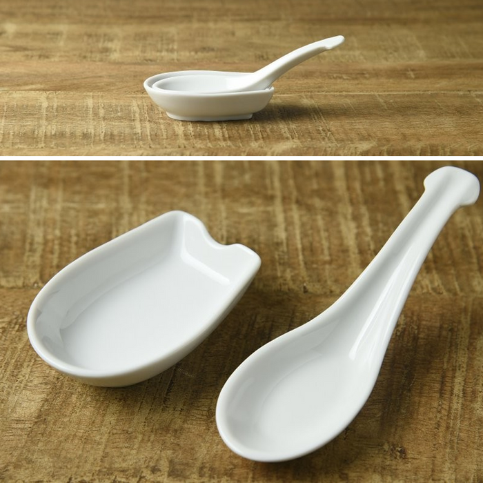 White porcelain soup spoon and matching rest on a wooden surface; the spoon rest has a curved indentation to hold the spoon securely and prevent drips. Simple, minimalist design suitable for both casual and formal dining settings.


