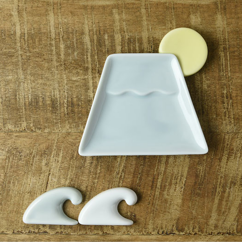 Mino Yaki Mount Fuji Sauce Plate & Chopstick Rest Set - 4-Piece - Light Blue