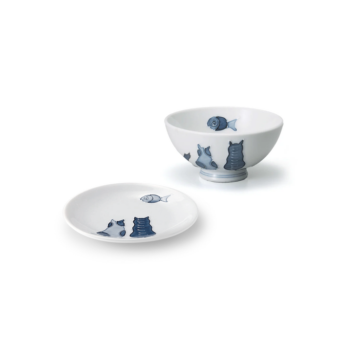 Mino Yaki Neko Maru Cat Bowl and Plate Set