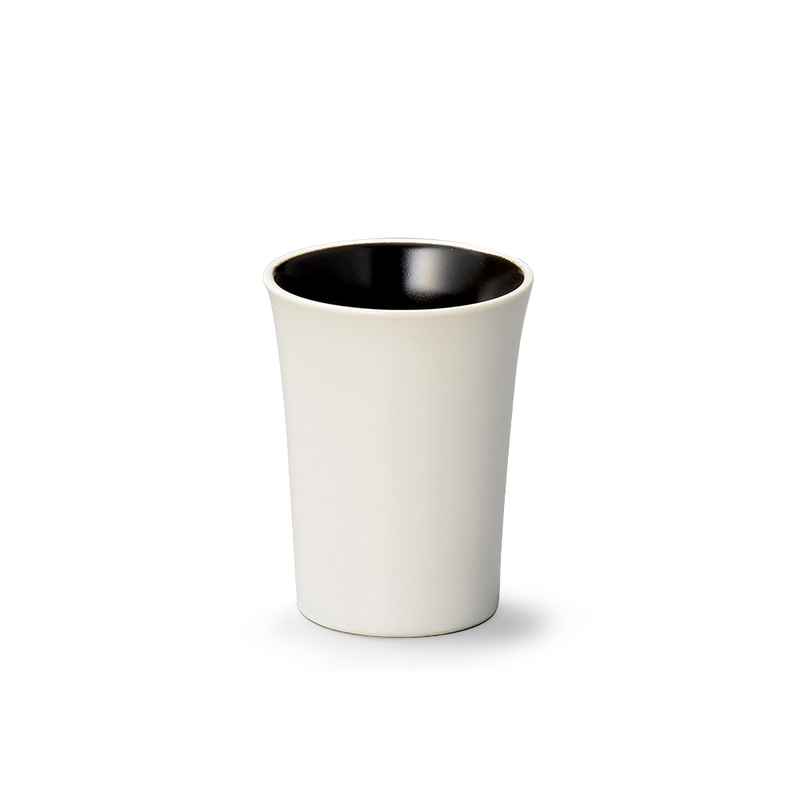 The Mist White Japanese Tumbler, showing its serene white exterior and contrasting black interior on a white background.