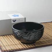 Mitsuhide Akechi Kikyo Bowl (16cm) in dark ink finish displayed beside its branded gift box.