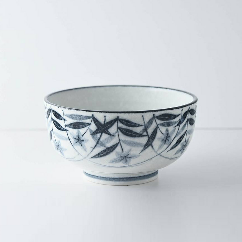 Side view of the bowl, highlighting the intricate floral pattern with delicate leaves and blossoms in gentle relief.