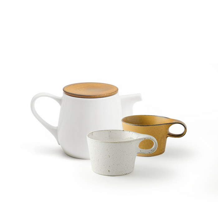 Miyama Bico Series Teapot Set with white and mustard coloured mugs.