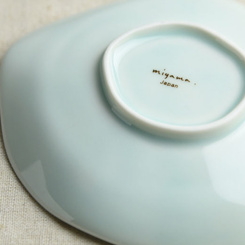 The underside of the Miyama Haas Soy Sauce Plate, showing the pale green glaze and the "miyama Japan" maker's mark.

