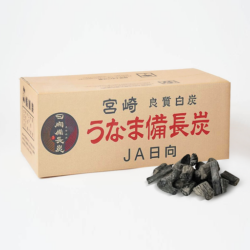 Miyazaki Hyuga Unama Binchotan Japanese white charcoal 12kg original box with JA Hyuga branding and small cut charcoal pile