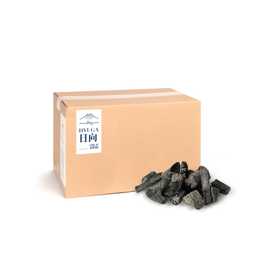 Miyazaki Hyuga Binchotan Japanese white charcoal 2kg compact box with Hyuga Made in Japan label and small cut charcoal pile