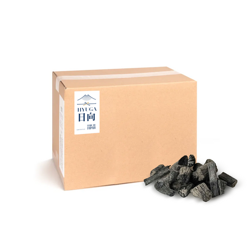 Miyazaki Hyuga Binchotan Japanese white charcoal 4kg box with Hyuga Made in Japan label and small cut charcoal pile