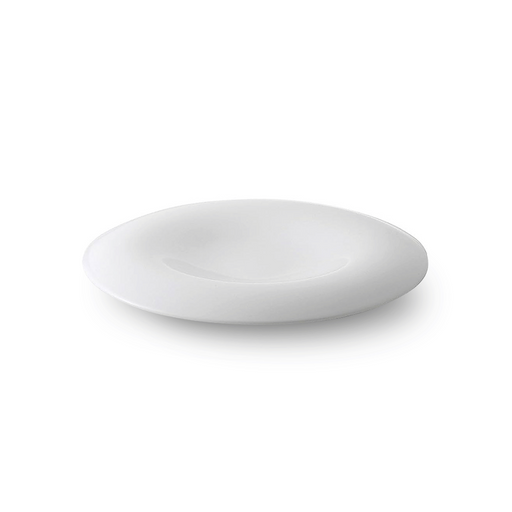 A pristine white, 24cm Moire dinner plate with a distinctive raised edge, displayed against a minimalist backdrop.