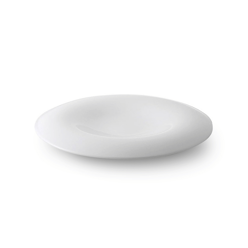 The Moire Elevated Edge Dinner Plate in white, showing its minimalist design with a raised rim and an indented center, on a white background.