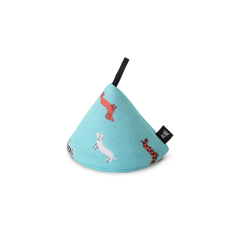 The &NE cone-shaped Japanese pot holder in aqua blue, featuring a playful pattern of illustrated dachshunds.
