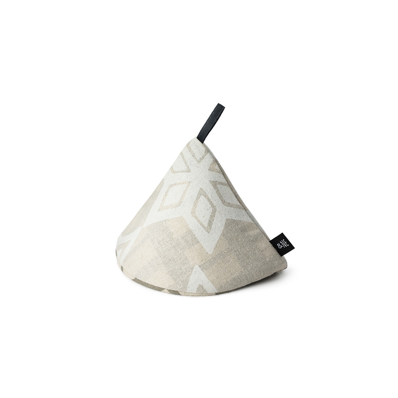 The &NE cone-shaped Japanese pot holder, featuring a subtle 'Hana' (flower) pattern in white on a natural linen-coloured background.
