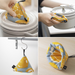 Composite image of a &NE Japanese Pot Holder in a yellow and blue pattern, showcasing various uses: adjusting a slow cooker's lid, being handled near a stove, hanging from a kitchen hook, and resting on a surface, illustrating its versatility and stylish design in a kitchen setting.