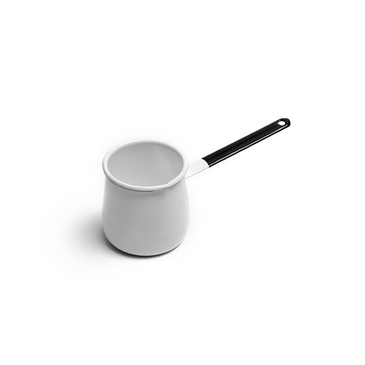 A clean and simple white enamel milk pan with a black handle, isolated on a white background.