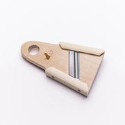 The Oyanagi Japanese Mini Wood Slicer, a traditional mandoline crafted from natural Hinoki wood with a single steel blade, shown on a plain white background.
