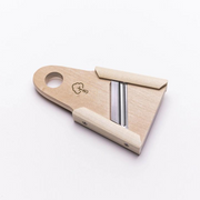 The Oyanagi Japanese Mini Wood Slicer, a traditional mandoline crafted from natural Hinoki wood with a single steel blade, shown on a plain white background.