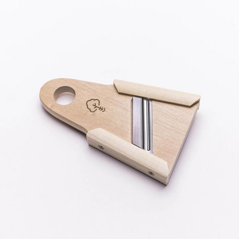 The Oyanagi Japanese Mini Wood Slicer, a traditional mandoline crafted from natural Hinoki wood with a single steel blade, shown on a plain white background.