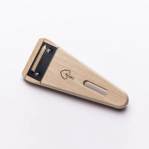 A Japanese green onion shredder with a natural wooden handle and a serrated stainless steel blade, used for making shiraga-negi (julienned scallions).