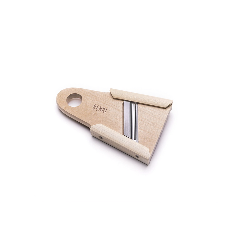 The Oyanagi Japanese Mini Wood Slicer, a traditional mandoline crafted from natural Hinoki wood with a single steel blade, shown on a plain white background.
