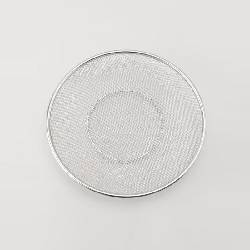 A top-down view of the Ryoumiya stainless steel mesh strainer, showing its round shape and fine mesh.

